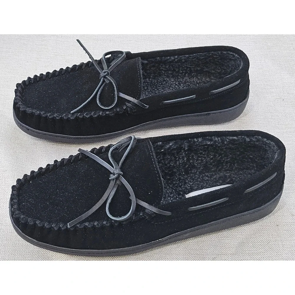 Minnetonka Moccasin Slippers Mens 10 Black Suede Pile Lined Hardsole 4100502